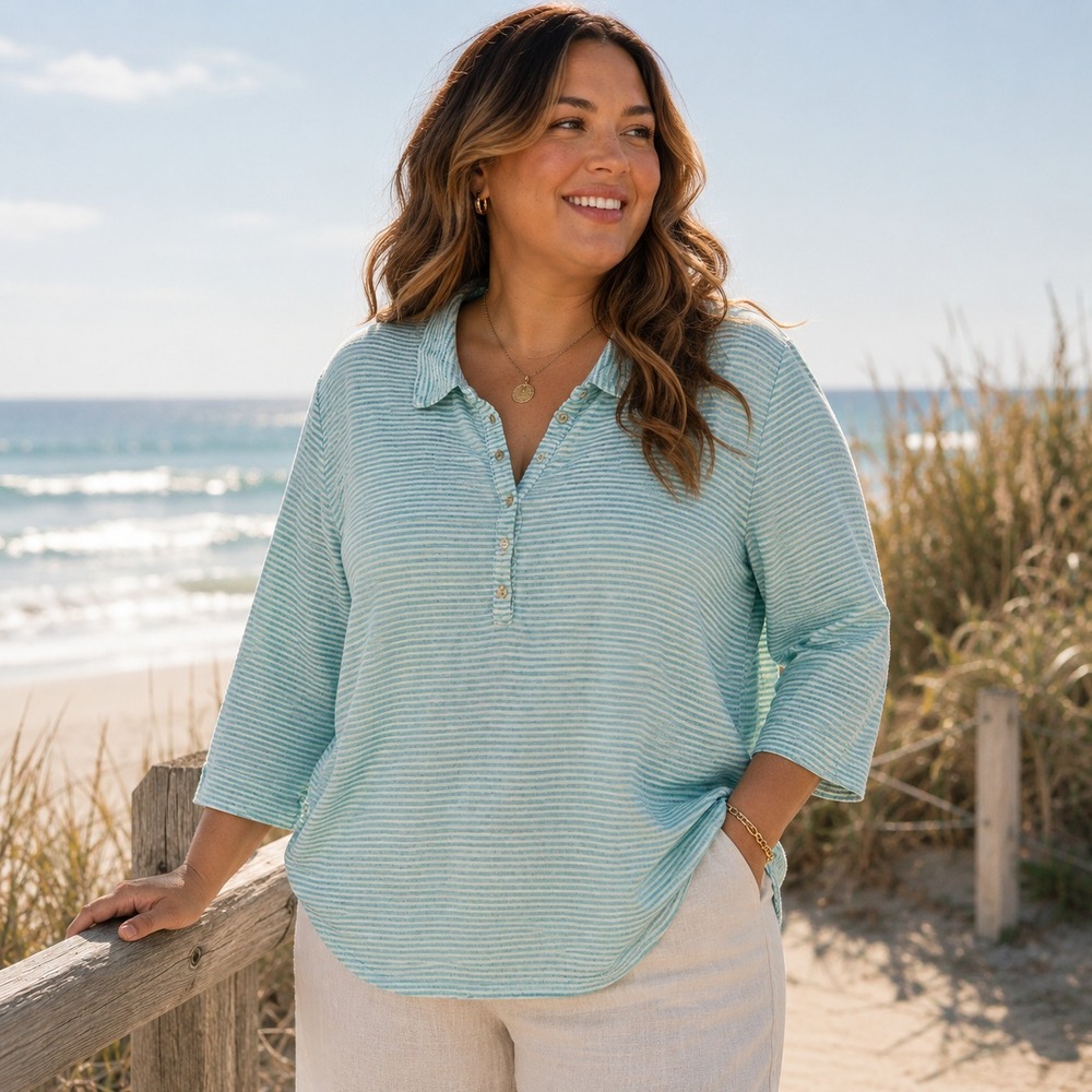 Poetry Womens Linen Striped Polo Shirt Plus Size 18 Aqua White Relaxed Coastal